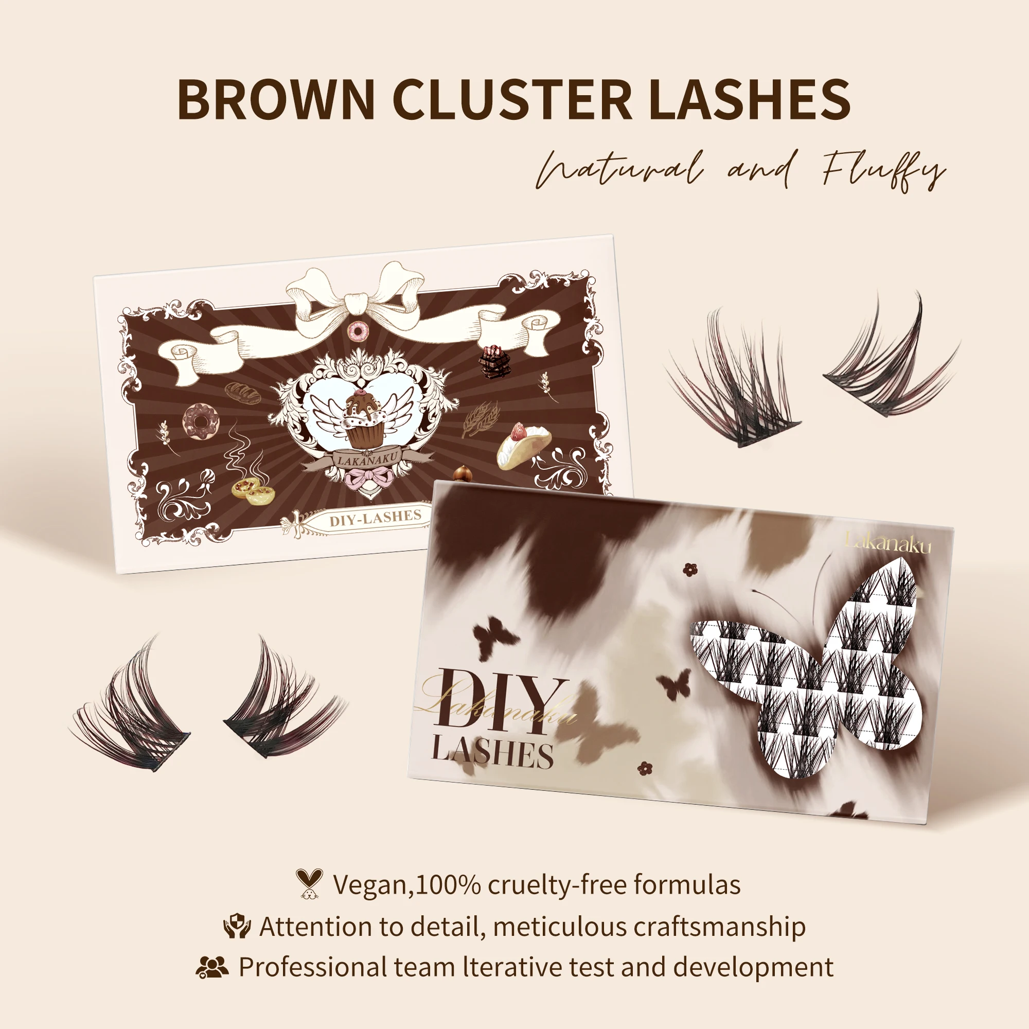 LAKANAKU Cashmere DIY Brown Cluster Lashes Natural Soft Brown Eyelashes Extension False Lashes Save Time For Beginner Makeup