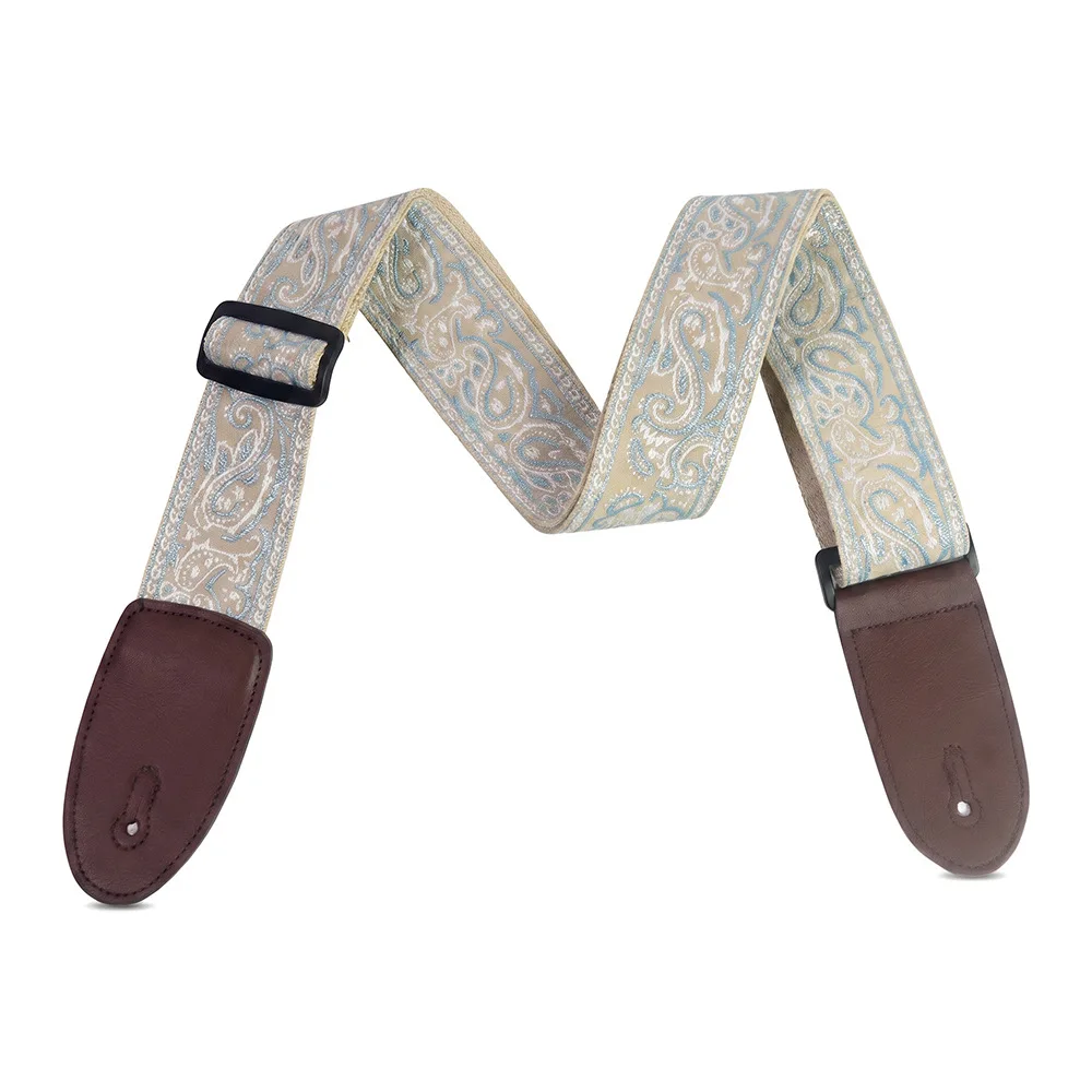 Boho Blue Embroidered Guitar Bass Strap Thickened Widened Brown Leather End Shoulder Sling for Acoustic Folk Electric Guitar