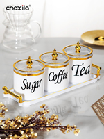 4pcs Coffee Canister Set, Storage Jars for Coffee, Tea, Sugar, Decorative Cream & Sugar Sets with Lids, Kitchen Jars with Tray