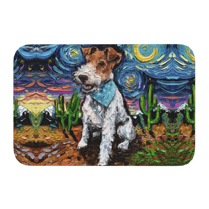 Starry Night Wire Fox Terrier Doormat Non-Slip Bath Kitchen Mat Bedroom Balcony By Floor Entrance Carpet Rug