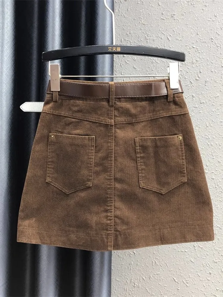 High Waist Slimming A-Line  Skirt in  Corduroy for Women European Style Resistant to Deformation with 