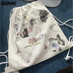 Cartoon Kawaii Cat Print Preppy Sweet Schoolbags Drawstring Women Students Canvas Bags Streetwear All Match Trendy Backpacks Y2k