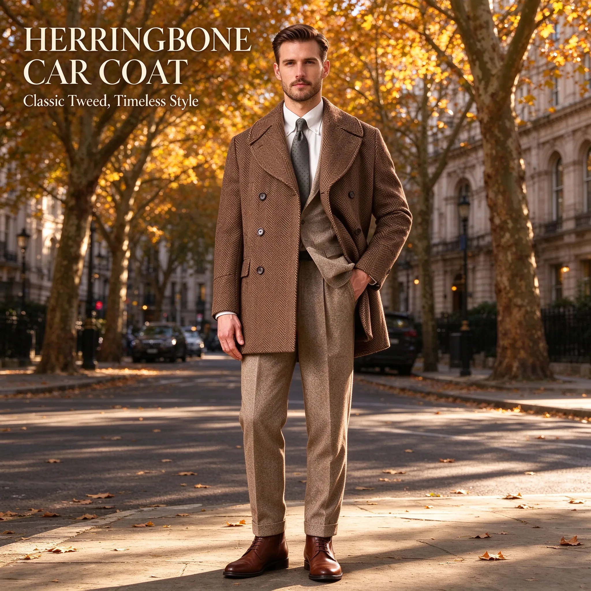 Men's Double Breasted Herringbone Tweed Overcoat Wool Long Coat Wide Peaked Lapel Classic-Fit Vintage Business Formal Winter