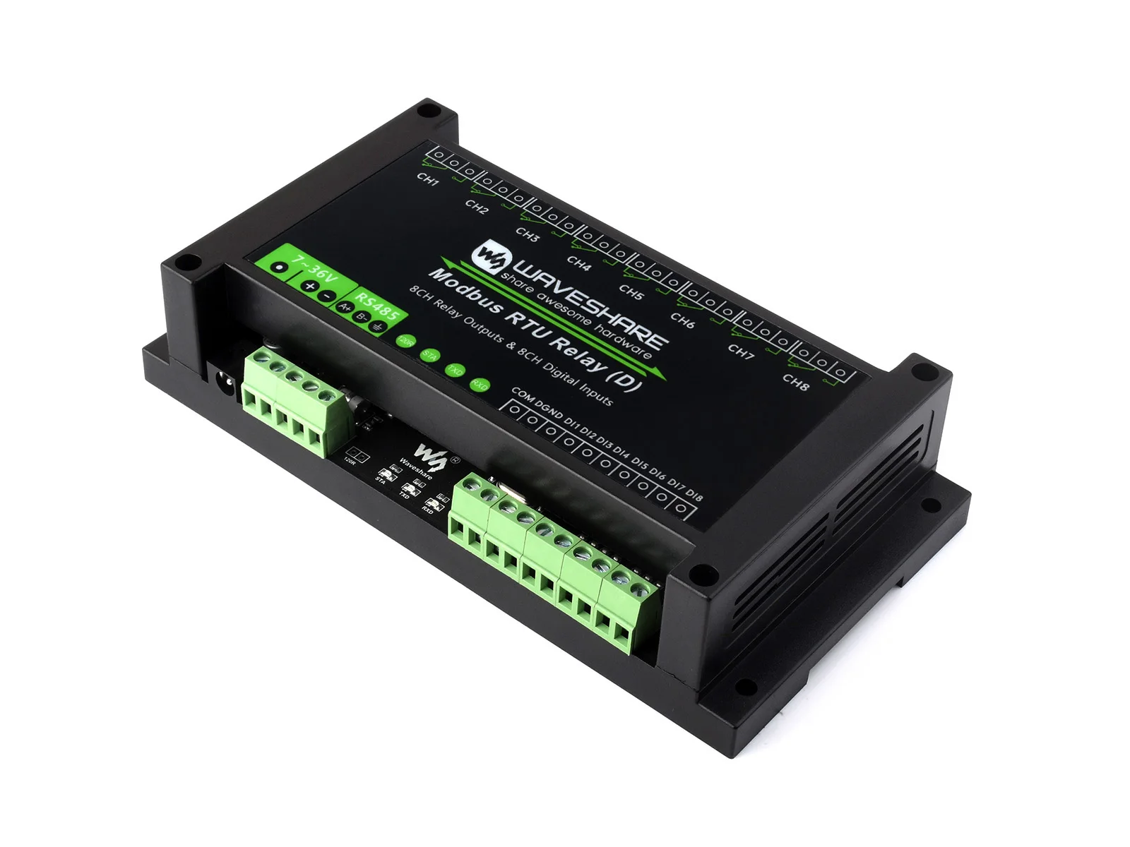 Waveshare Industrial Modbus RTU 8-ch Relay Module (D) With Digital Input and RS485, Modbus RTU Protocol, 7~36V Power Supply