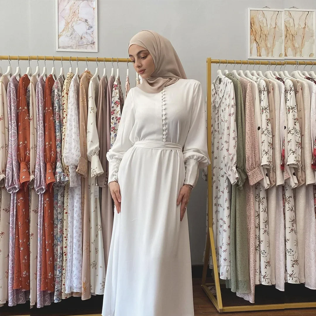 Gaun Muslim sifon elegan abaya untuk wanita Turki Dubai gaun lengan panjang warna Solid gaun Maxi longgar pakaian wanita