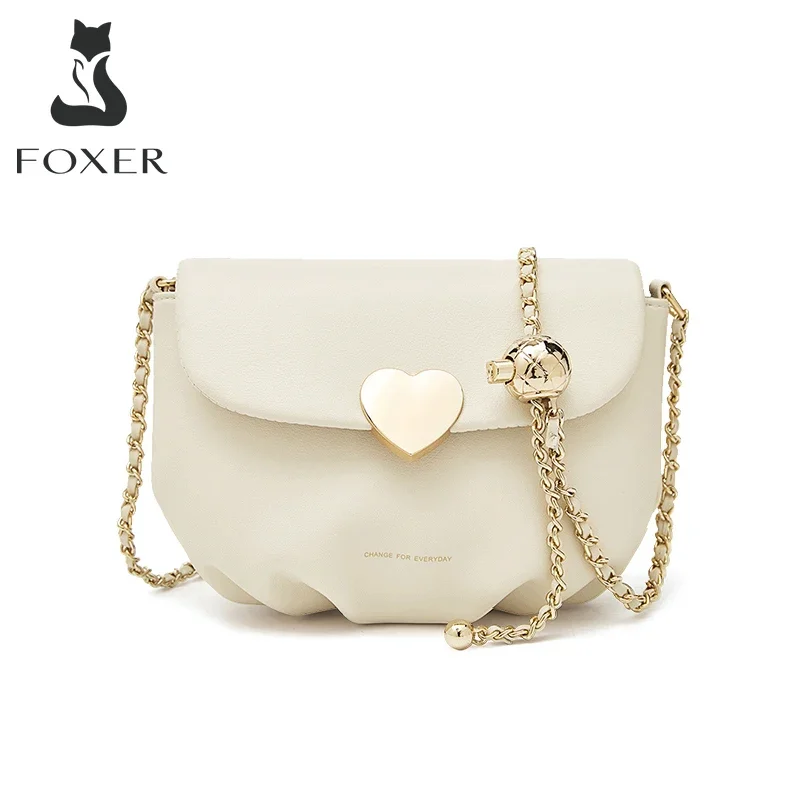 FOXER Women Adjustable Chain Messenger Bag Fashion Design Simple Crossbody Shoulder Bag Lady Split Leather Heart-shaped Flap Bag