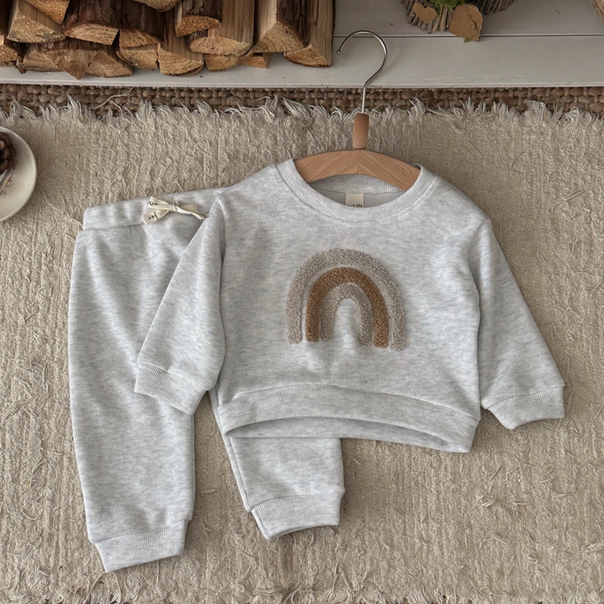 Neutral Gray Heather Rainbow Embroidery Toddler Tracksuit Breathable Knit Long Sleeve Top Pants Baby Daily Wear Outfit