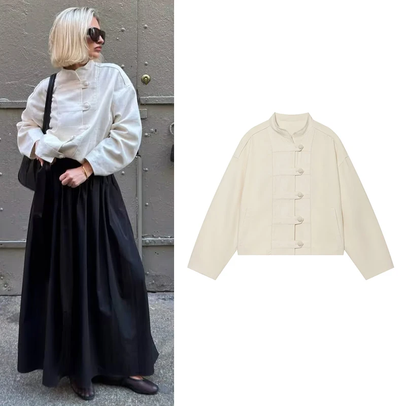 White Mandarin Collar Frog Button Cropped Jacket Long Sleeve Patch Pockets Loose Vintage Women Casual Short Outerwear 260701
