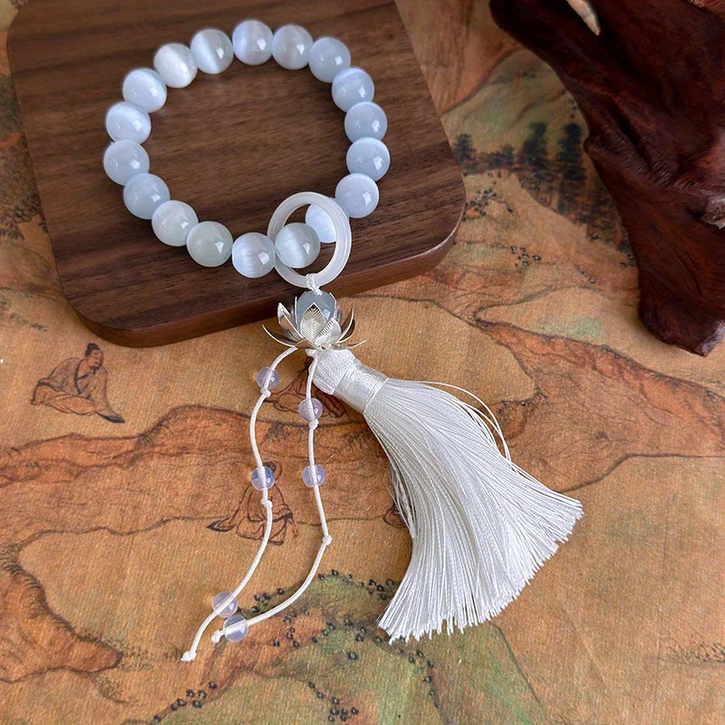 النمط القديم لوتس شرابة عين القط حجر باليد سوار جديد Hanfu الإكسسوار سوار للنساء