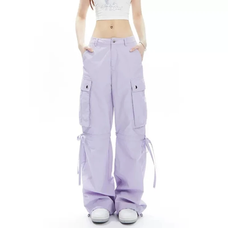 Women Purple High Waist Cargo Pants Vintage Fashion Leisure Straight Wide Leg Pants Street Female 2023 Summer Mopping Trouser