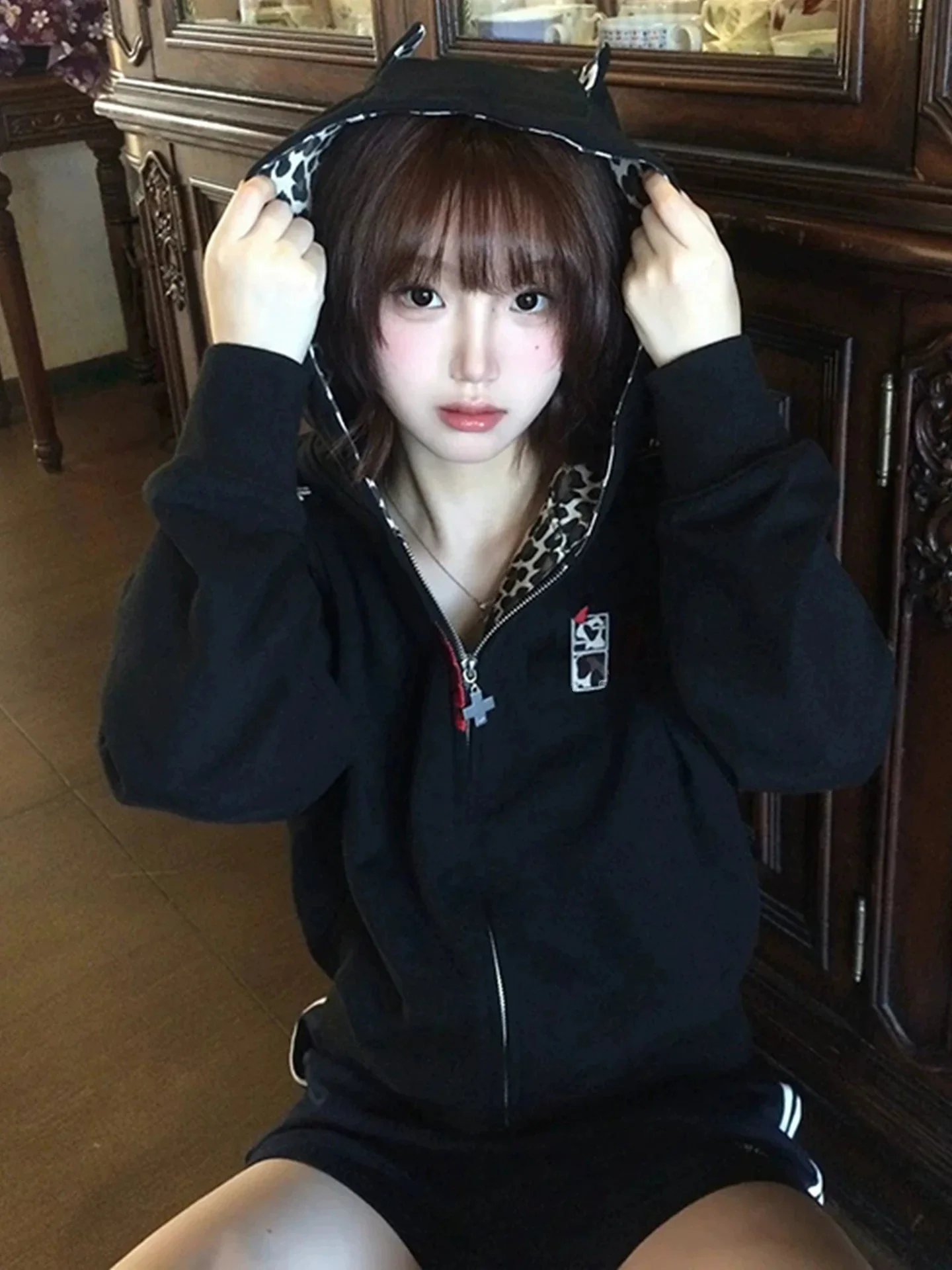 American Retro Hoodie Women's Loose Design Sense Small Devil Leopard Print Zipper Open Cardigan Outerwear Early Autumn