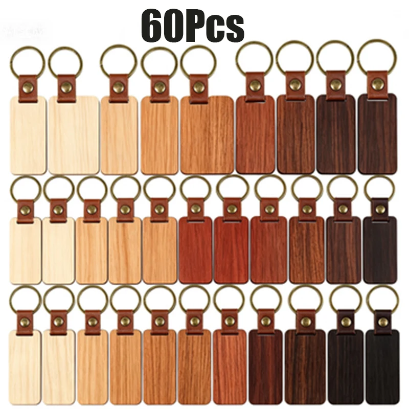 60Pcs Leather Strap Wooden Blank Keychains for Craft Gifts