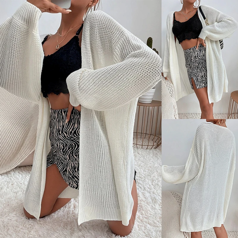 

Женский шерстяной свитер средней длины с открытым передом, простая вязаная многофункциональная куртка, элегантная мода