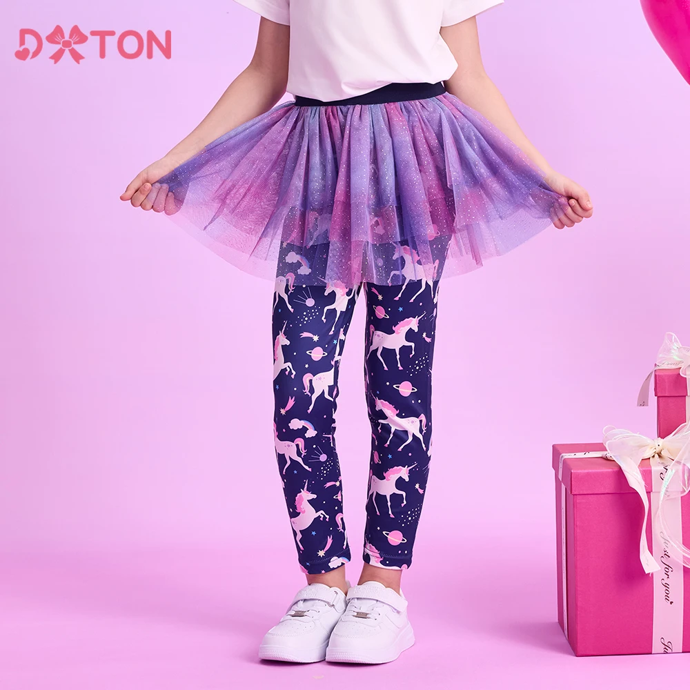 

DXTON Fake 2PCS Girls Pantskirt Tulle Layer Skirts with Kids Leggings Unicorn Printed Casual Children Trousers Girls Costumes