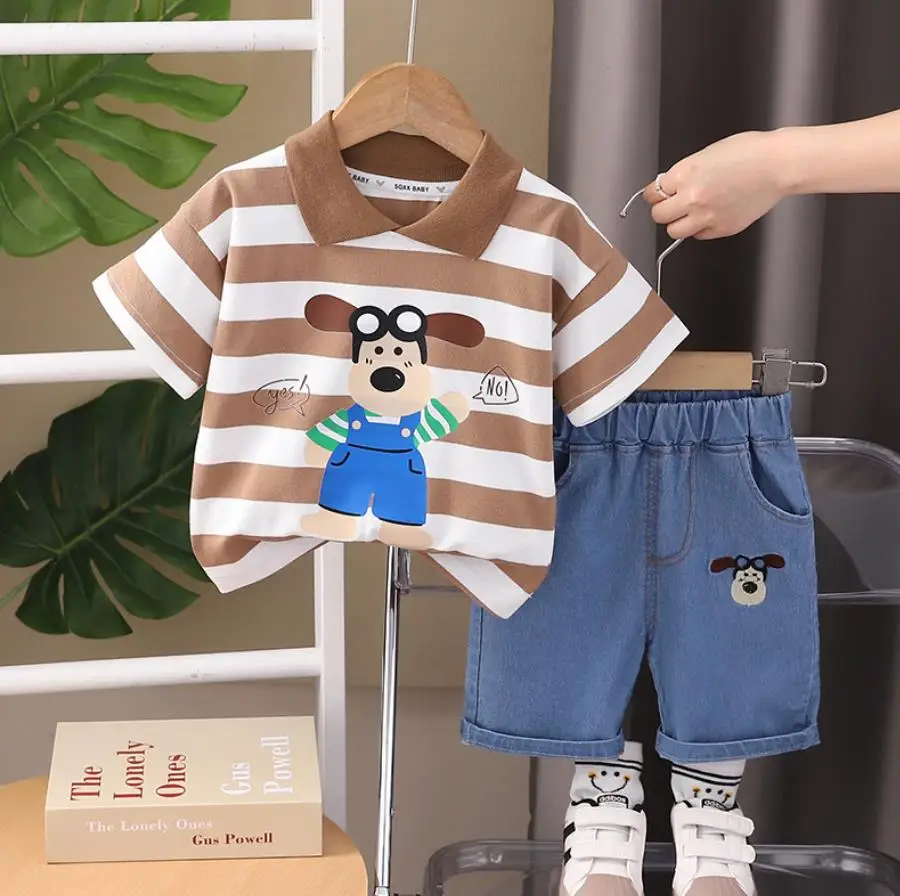 

Summer Boys Outfits Sets 2024 New Cartoon Striped Turn-down Collar T-shirt Tops and Shorts 2Pcs Tracksuits Toddler Kids Clothes