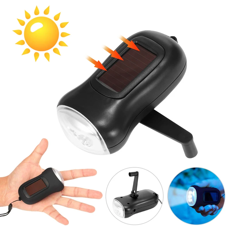 Emergency Flashlight Portable Hand Crank Generator Wind Up Solar Dynamo Powered Charger 3 LED Manual Flashlight Household