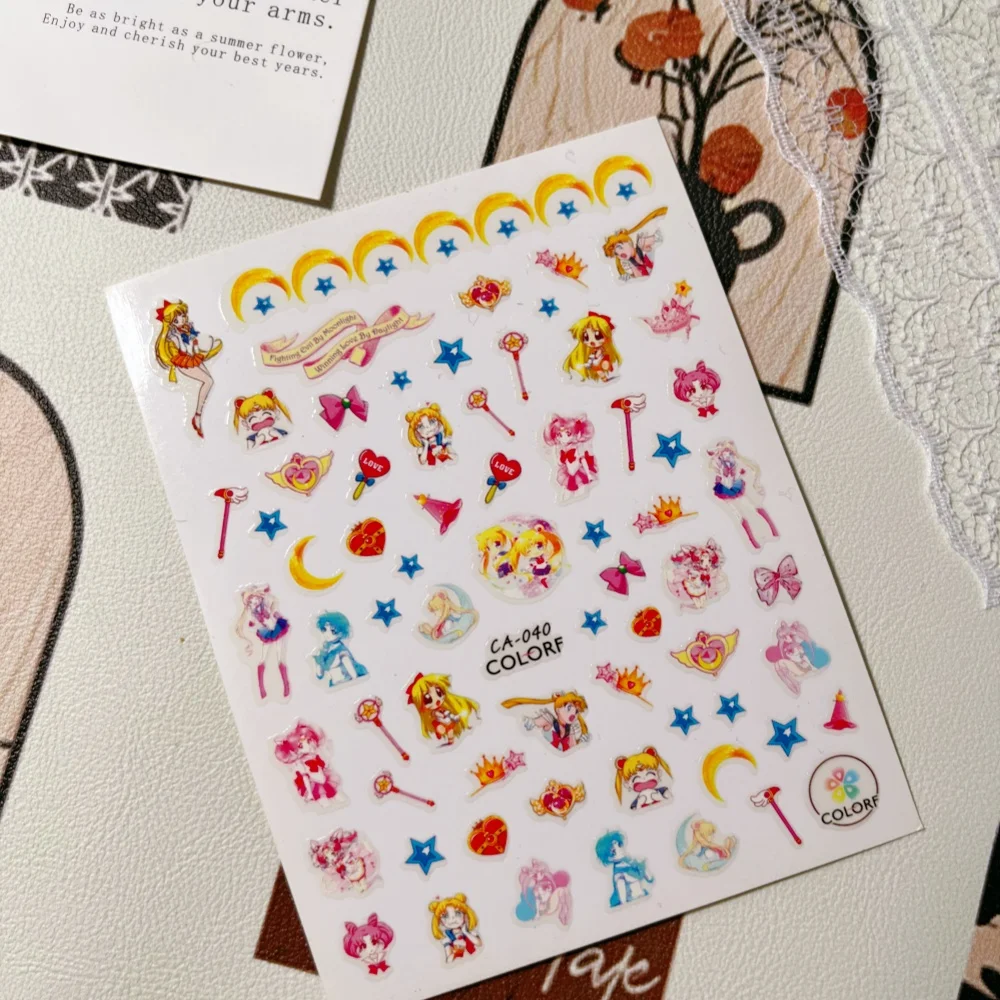 Sweet Anime Style Girl 3D Nail Stickers with Moon Star Heart Magic Wand Self-adhesive Nail Art Sticker for Decorations CA040