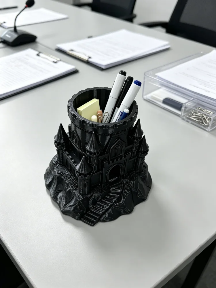 Black Mountain Fantasy Castle Desktop Pen Storage Box, Medieval Gothic Castle Tower Pen Cup, Matte Plastic Petg Material, Sturdy and Durable with a Handmade Feel, Large Capacity for Storing Various Writing Tools and Small Stationery, Castle Ornament Sculpture Desktop Decoration, Home Office Student Desk Top Organizer, Cool and Unique Pencil Holder, Novel Fantasy-Themed Desktop Decoration Gift