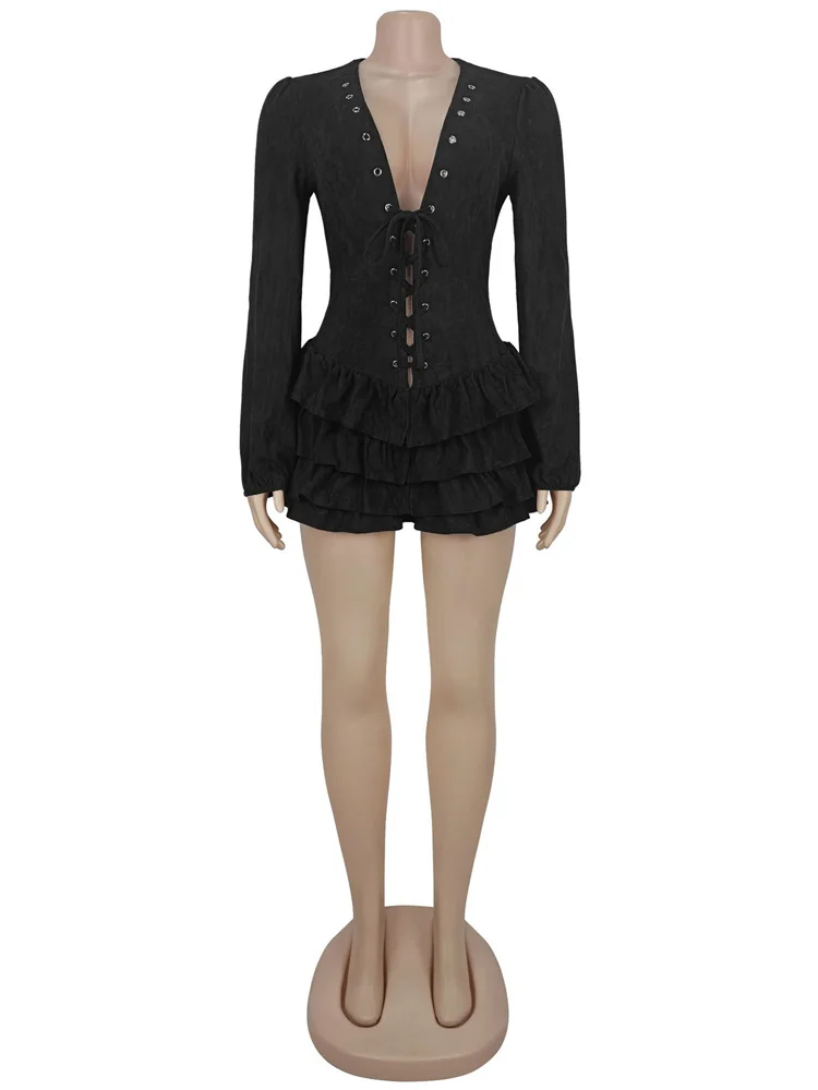 Bizarre Puss shirring Robe Femmes Classique Tierred Ourlet Plein Manches Profonde Col V Maigre Sexy Minuit automne Prom Party Mini Moulante