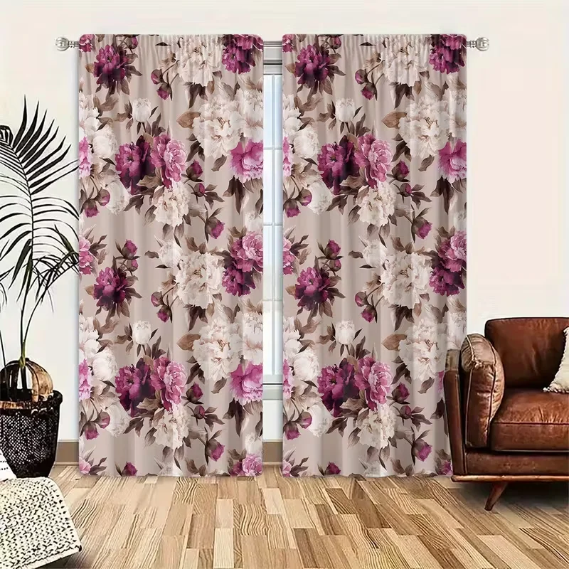 2pcs Elegant Peony Floral Pattern Curtains, Designed for Light Blocking, Premium Material, Suitable for Living Room, Bedroom, Da