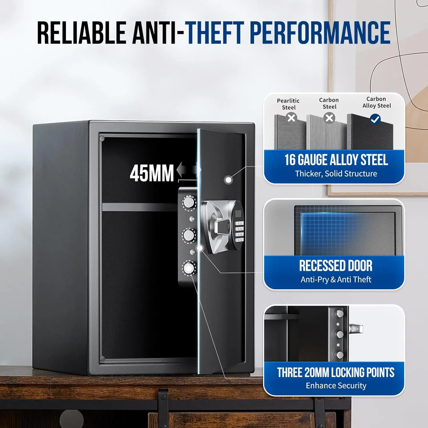 Large Home Safe Box 2.0 Cub Biometric Safe Fingerprint Recogntion Lock Box with Removable Shelf LED Light Fireproof Bag Wall Mou