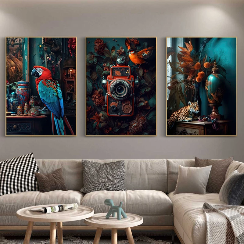 Vintage Still Life Tiger Parrot Flowers Canvas Painting Wall Decor Pretty  Nordic Art Poster and Prints Picture Home Room Cuadro
