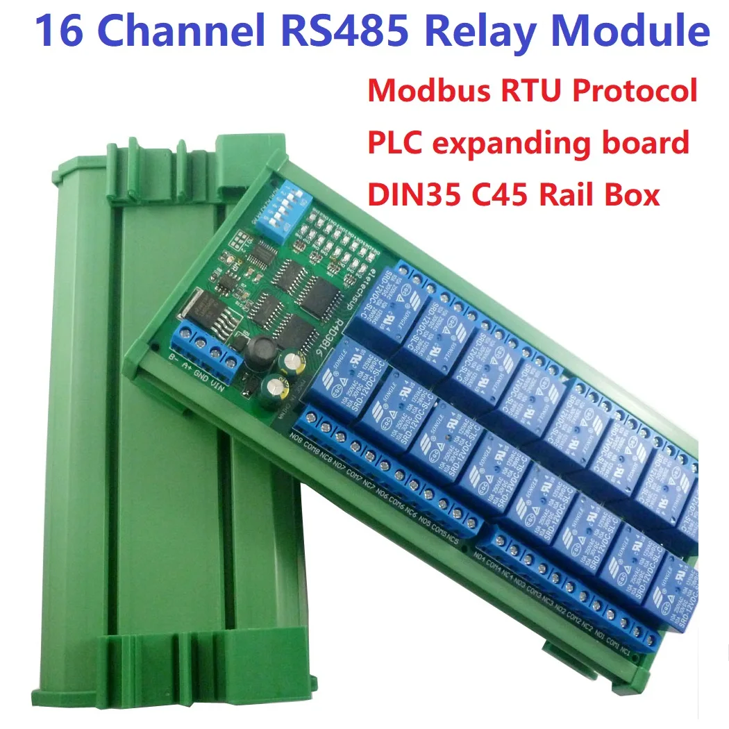 

DIN35 DC 12V C45 Rail Box 16 Channel RS485 Relay Module Modbus RTU UART Control Switch Board for PLC PTZ Camera Motor LED