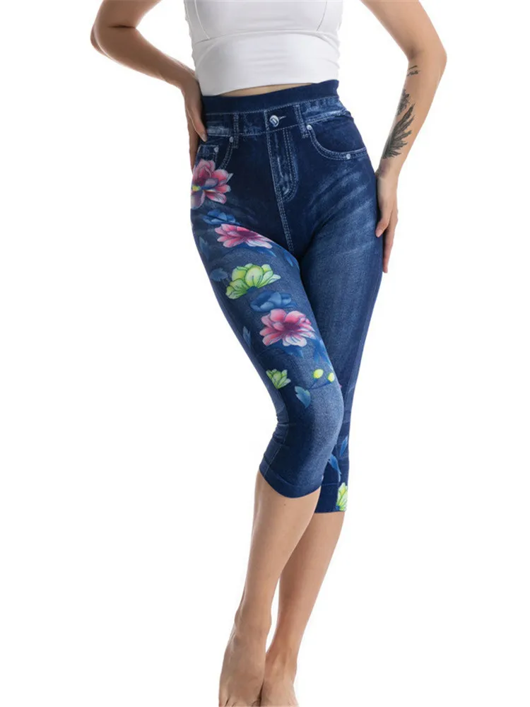 Yrrety Vrouwen Naadloze Leggings Hoge Taille Elastische Imitatie Denim Mid-Kalf Broek Fitness Jeggings Bloemen Skinny Gym Broek