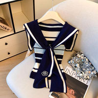 2025 Summer New Sleeveless Sailor Collar Striped Top Tee Lacing Female Casual Knitting Preppy Style Slim Pullovers Women Clothes