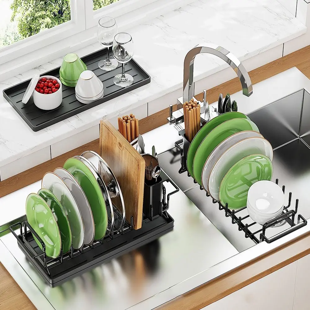 

Extendable Bottom Tray Counter Dish Drying Rack Black with Chopstick Box Tableware Storage Rack Space-Saving Dish Drainboard