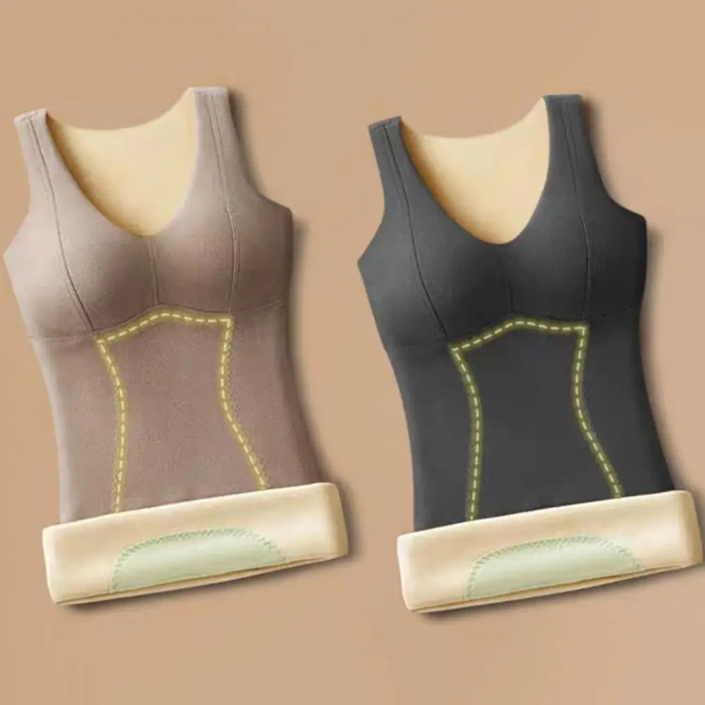 Winter Women Thermal Vest Chest Pads Seamless Velvet Fast Temperature Lock Heating V Neck Elastic Sleeveless Bottoming TankTop