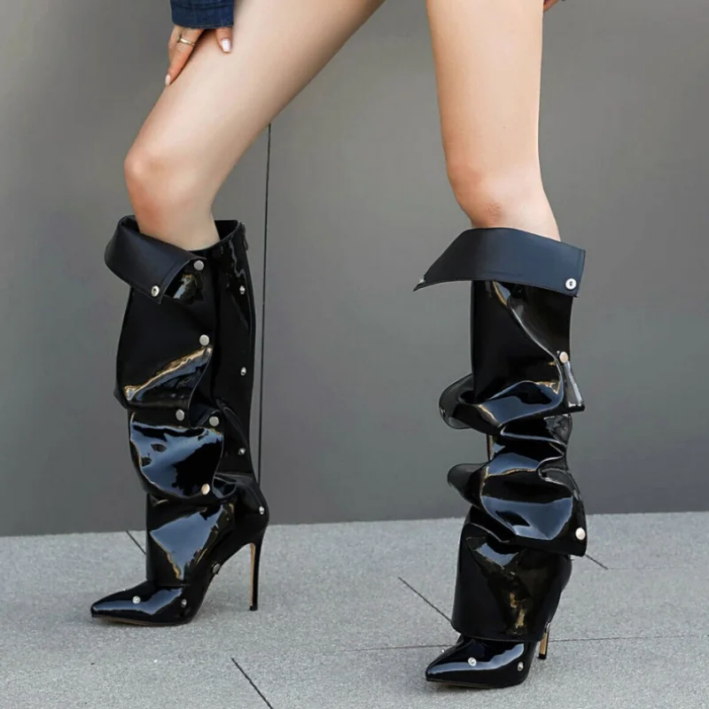 2025 Woman Camouflage Button Pointed Toe Knee High Boots Denim Patchwork Metal Rivet Two-Piece Stacked Long Boot Shoes For Women
