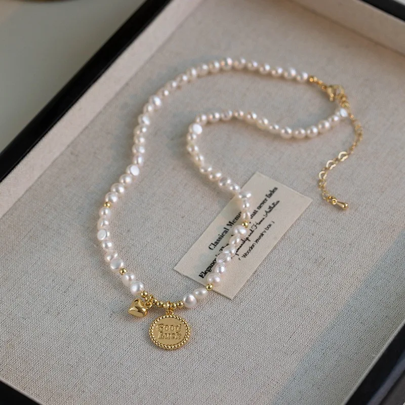 Real Gold Copper Chain High Quality Baroque Freshwater Pearl Beads Heart Letter Print Coin Pendant Necklaces for Women