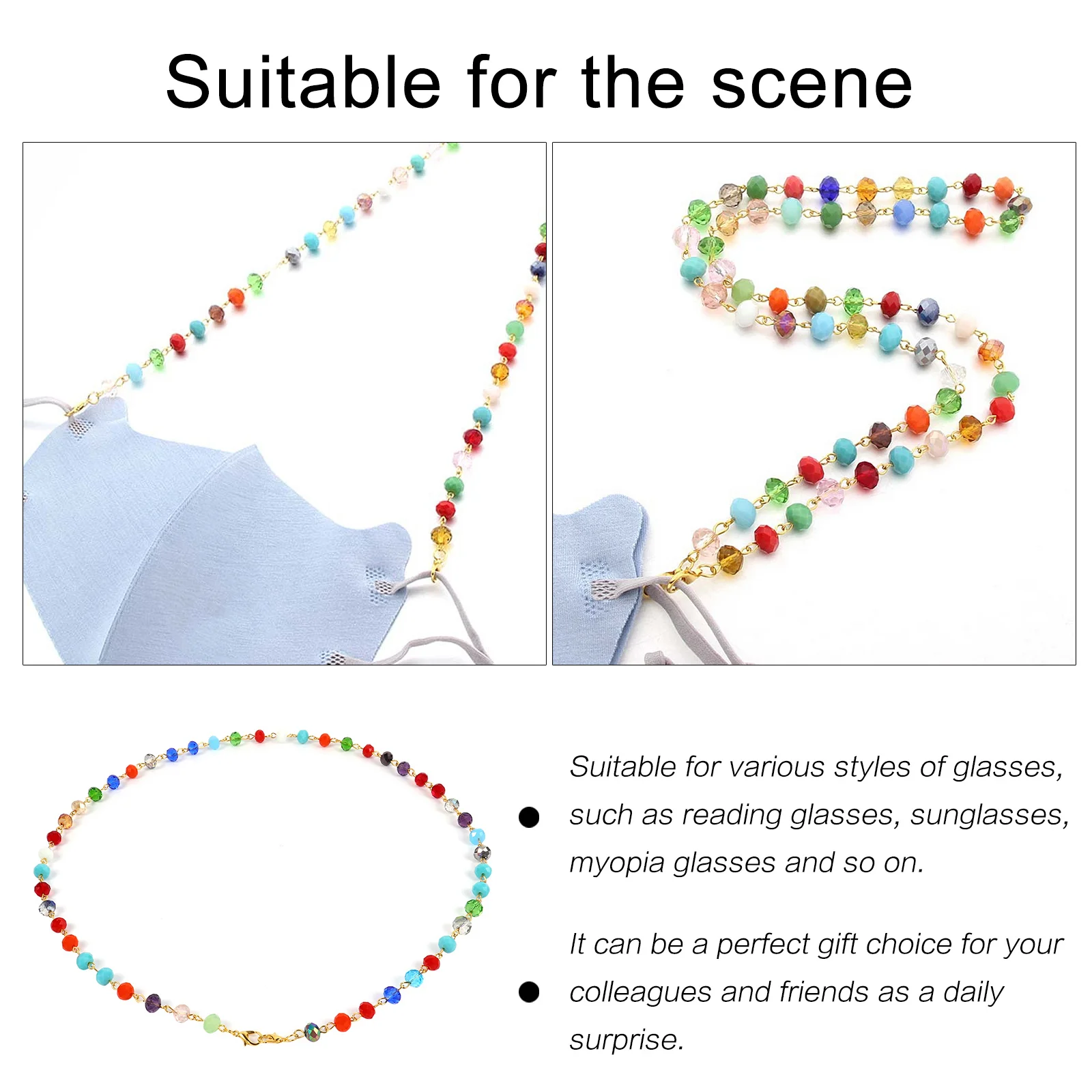

2Pcs Colorful Crystal Eyeglass Chain Alloy Glasses Strap Sunglasses Mask Hanging Chain Beaded Rope Eyewear Protector