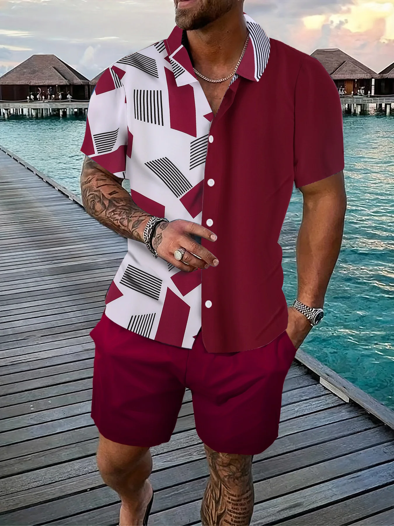 Men's Burgundy Color Block Geometric Set 2 Piece Cuban Collar Short Sleeve Shirt & Drawstring Shorts Casual Outfit