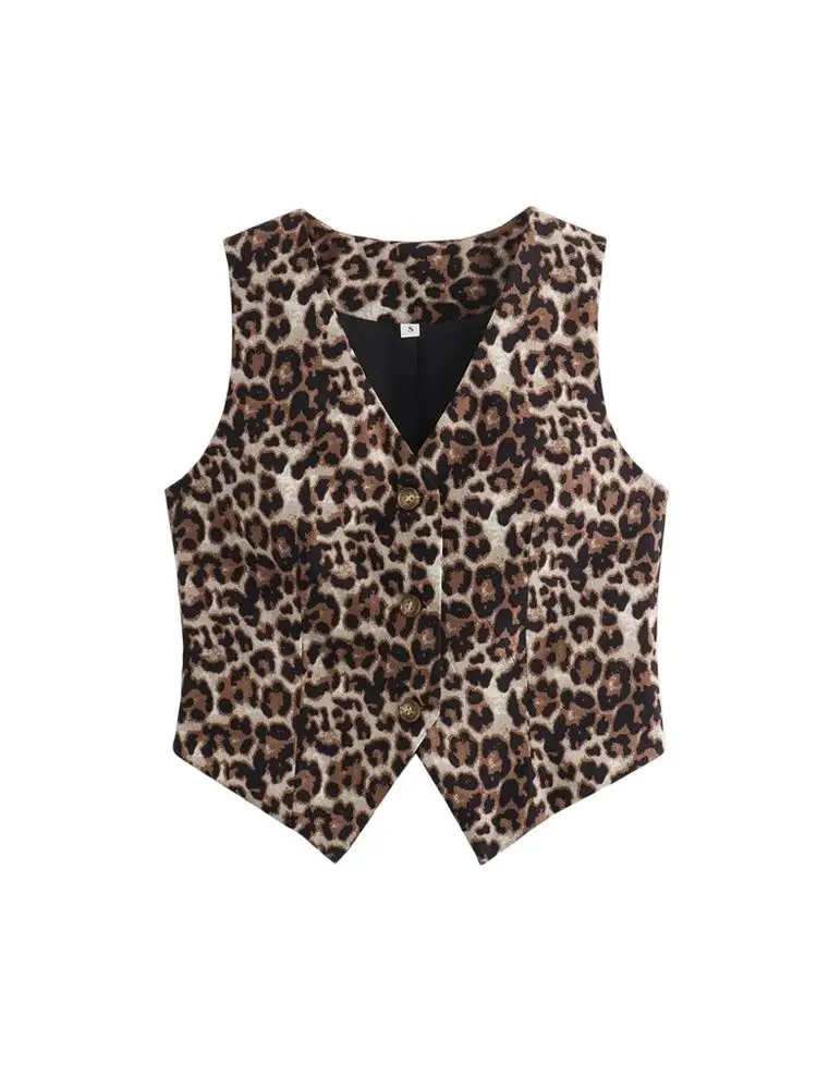 

TRZA-Front Button Leopard Crop Waitcoat for Women, V Neck, Sleeveless, Animal Print, Female Outerwear, Chic Tops, Fashion