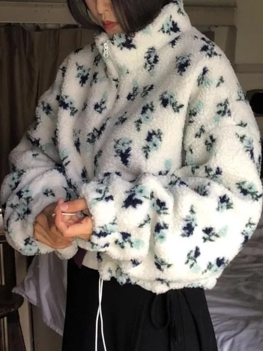 

Cute Floral Cotton Jaet Women's Winter ort Coat Stand Collar Warm Fce Lined Anti-Static Small Size Fem Outerwear