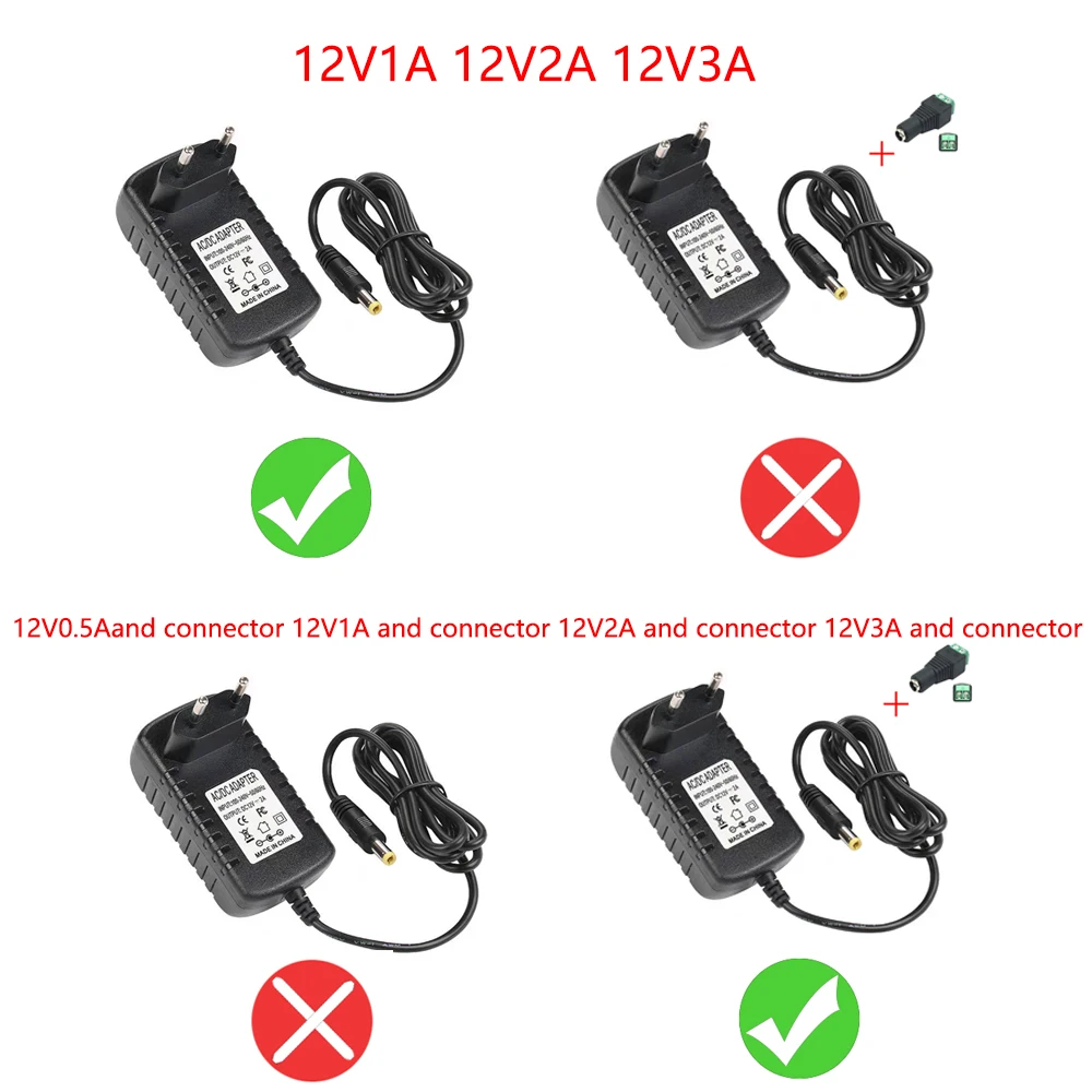 Adaptador de fuente de alimentación AC DC de 12 voltios, 0,5a, 1A, 2A, 3A, 110V, 220V a 12 V, 1A, 2A, 3A, enchufe europeo y estadounidense para LED