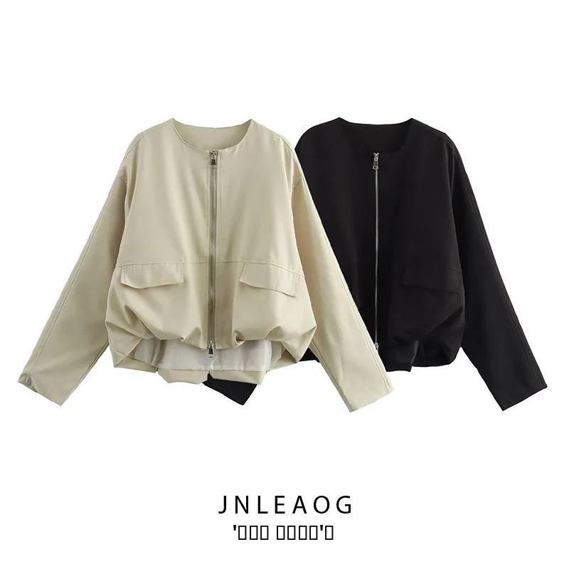 

JNLEAOG Spring New Women's Faion Design Long Sve Pleated Bat Coat Polyester Fiber round Ne Zipper Closure Regular Length