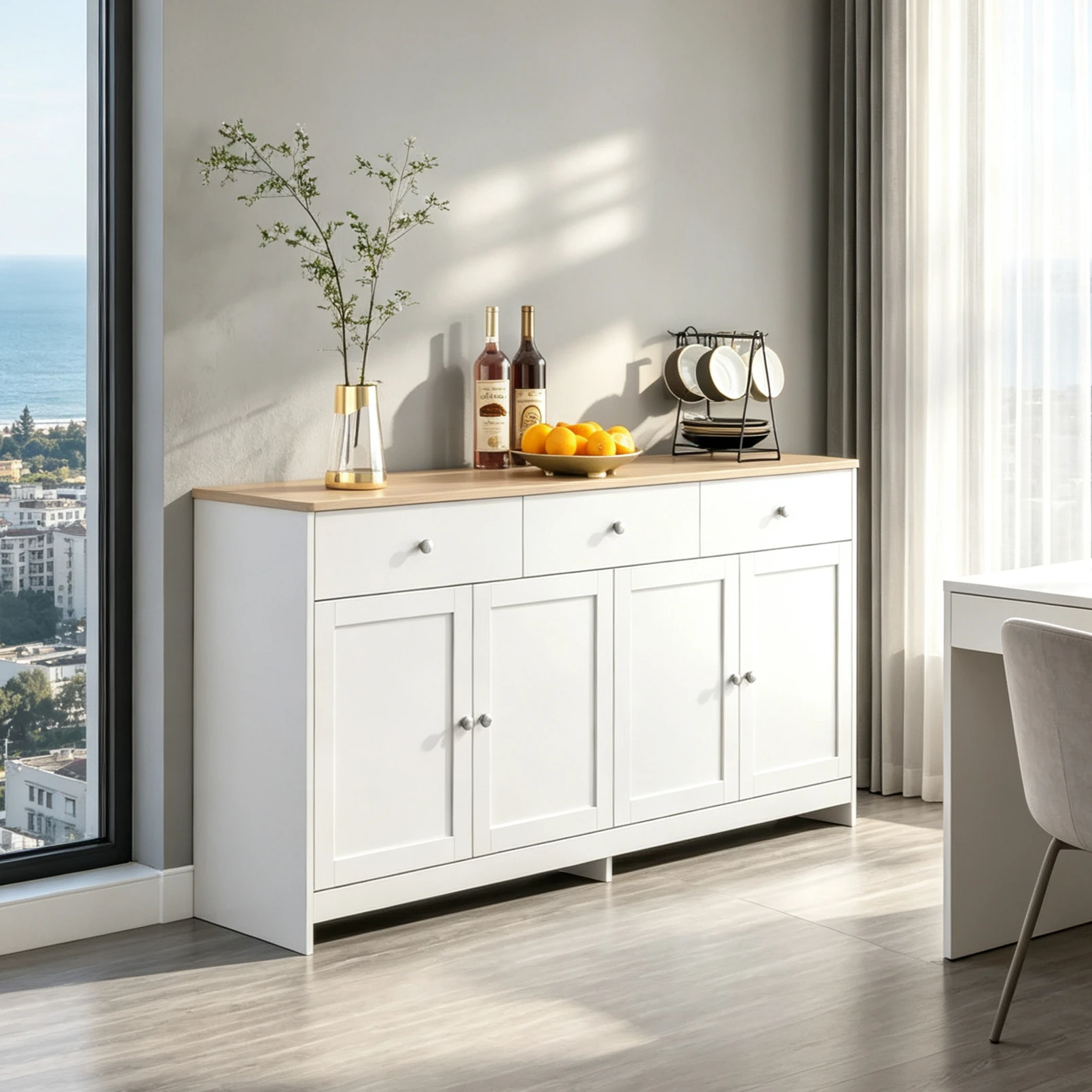 Meuble de rangement Rosahqnda, meuble de cuisine, buffet, vaisselier, étagères réglables, 3 tiroirs et 4 portes, 160 x 37 x 75 cm, pour cuisines et salons, style minimaliste moderne.