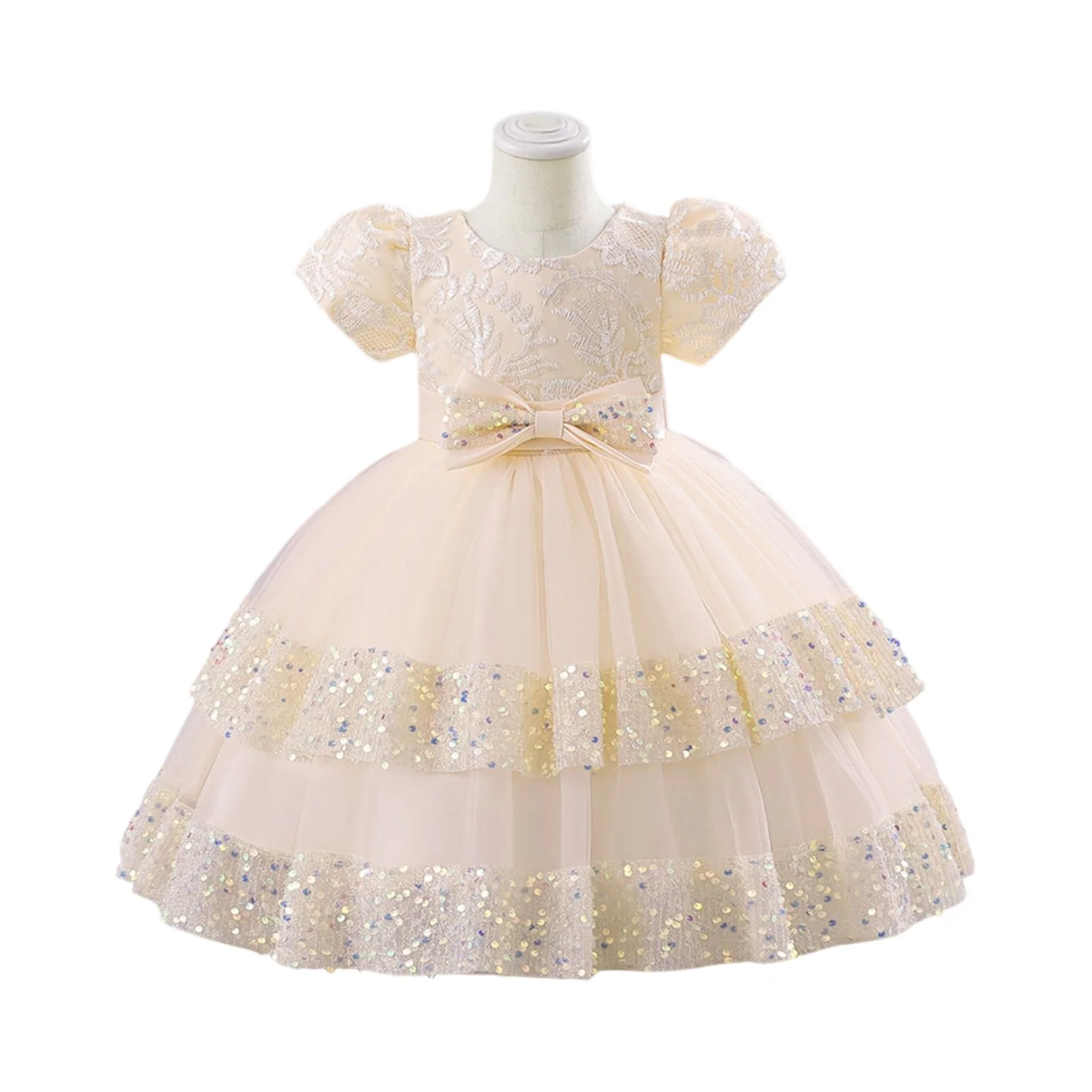 

Fashion Baby Bow Girls Party Dresses Short Sleeve Children Clothing Bridesmaid Dresses Summer Kids Dresses For Girls