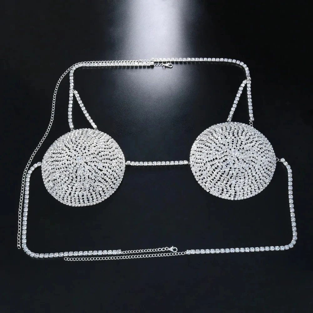 Fashion Round Crystal Bra Top Dress Clothing for Women Nightclub Bling Rhinestone Lingerie Chain Body Jewelry Party Gift