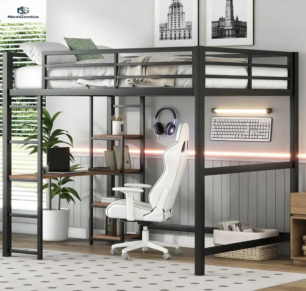 Bellemave Full Size Loft Bed with Desk and Storage Shelf and Ladder, Metal Full Size Loft BedFrame,Black