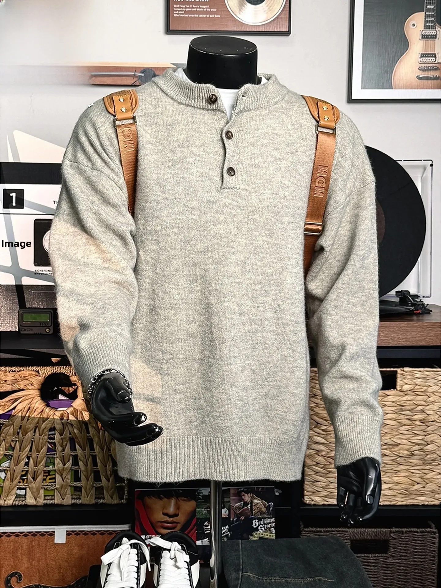 

Light ey Men's Henry Collar Knitwear Lazy Neutral Sle Sweater Cleanfit ey Match Sweatirt Autumn Season Casual Wear