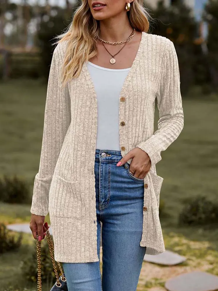 2023 Autumn Long Cardigan Women Button Up Kimono Cardigan Ladies V Neck Knitted Sweater Cardigans for Women