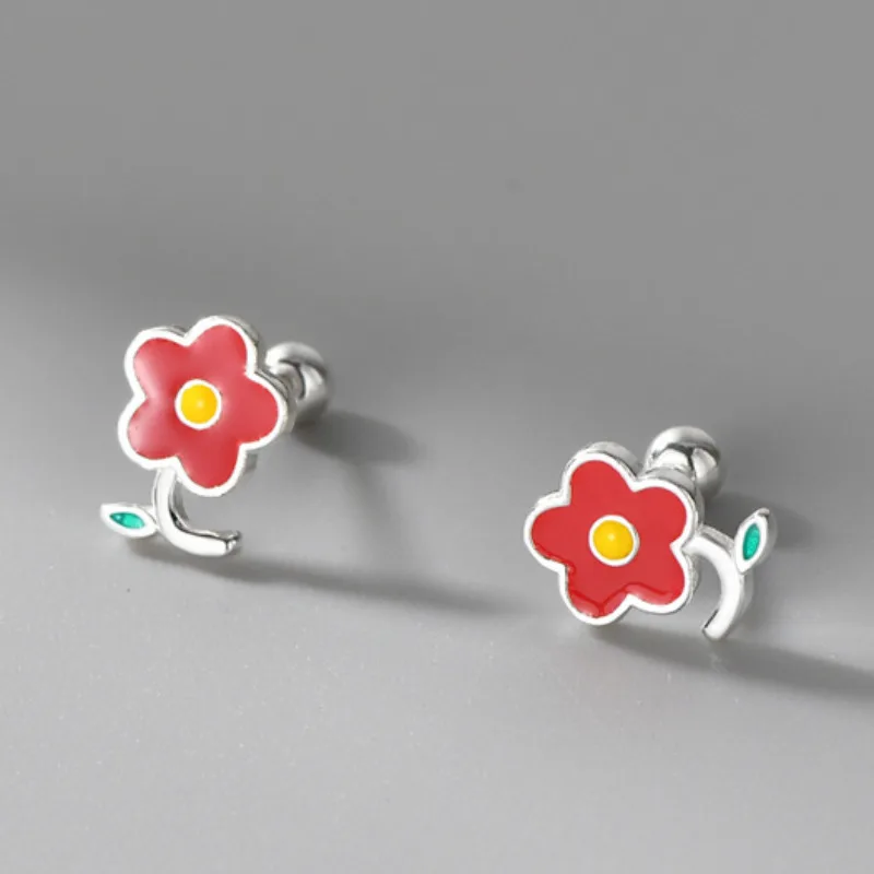 925 Sterling Silver Small Red Flower Stud Earrings for Girls Fresh Pastoral Style Forest Series Earring Ladies Piercing Jewelry