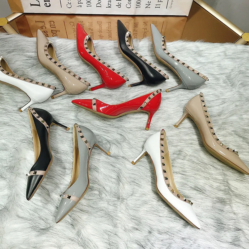 2024 Popular Pointed Toe Patent Leather Rivet Stud High Heels Shoes Banquet Party WeddingShoes Nightclub High Heels Women Shoes