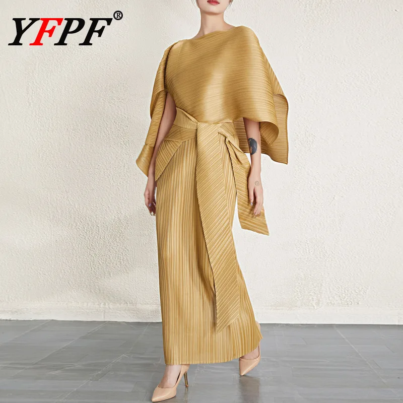 

YFPF Elegant Miyake Pleated Women's Set Asymmetrical Lace-up Shawl Tops + Sleeveless Long Dresses Fashion 2025 Party Clothing