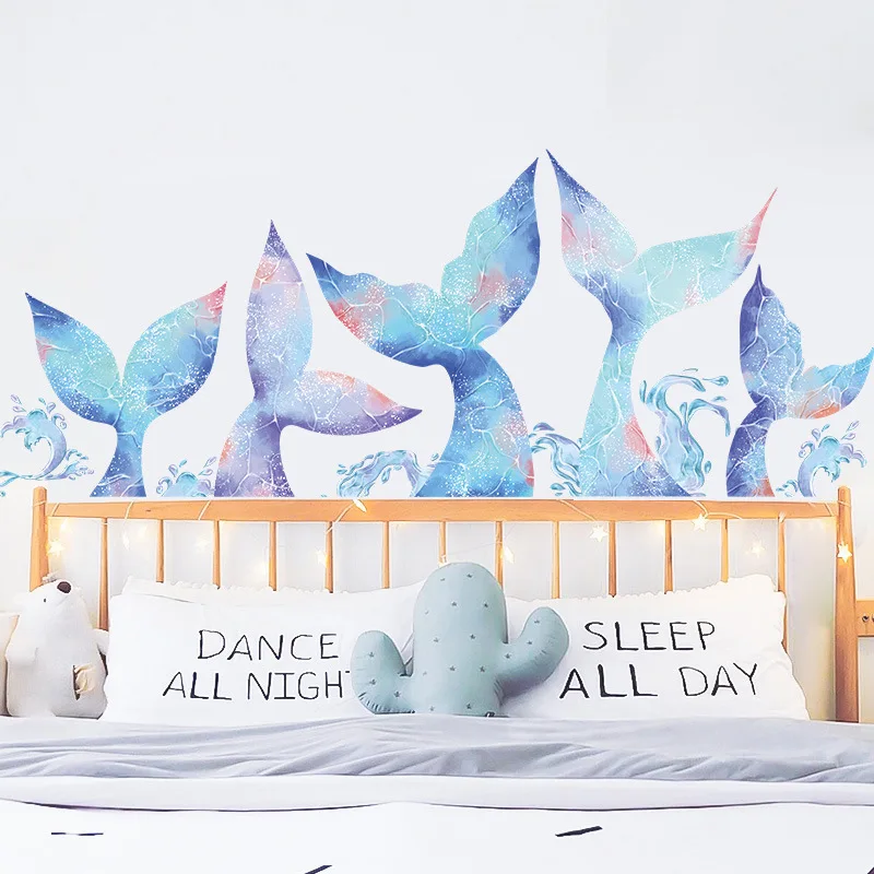 Cartoon mermaid tail wall stickers children's room kindergarten DIY background wall decoration wallpaper PVC house decoration