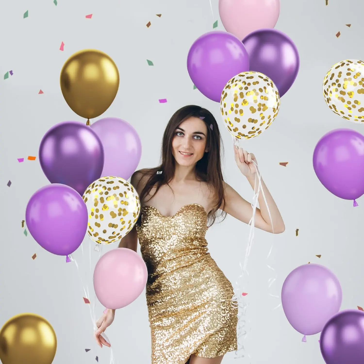 46-teiliges Ballon-Set im „Märchenstil“ in sanftem Lila und Rosa – 10/12 Zoll Metallgoldfarbene Papierballons und Latexballons – Detail 4
